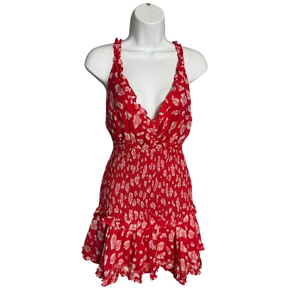 Hello Molly On The Ground red pink printed v-neck mini dress ruffle small 4 NWT - Picture 4 of 8